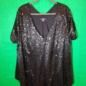 Roman's Women's Black Sequin Short Sleeve Blouse Size 24W, Party, Holiday